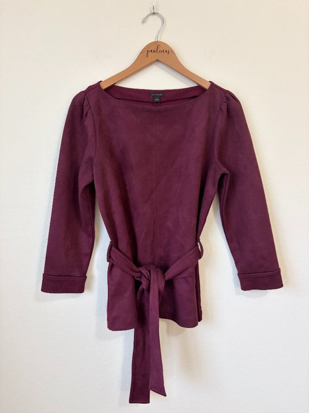 Ann Taylor Top Womens Small Burgundy Red Belted Faux Suede Blouse S